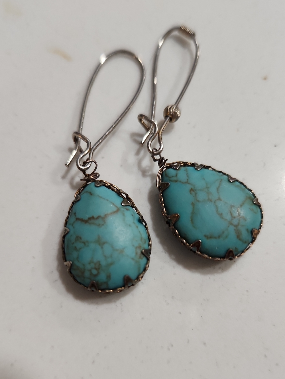 Turquoise Teardrop Dangle Earrings with Silver Hooks